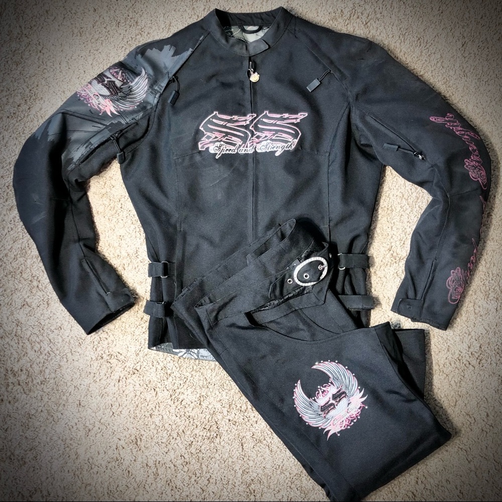 Speed and strength black/pink w/bling motorcycle jacket & matching chaps